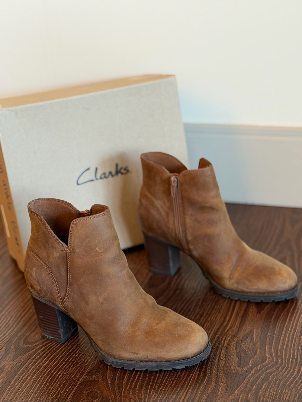 Clarks Tan Brown Suede Ankle Booties with Block Heel